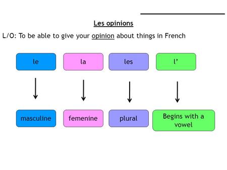 _____________________ Les opinions L/O: To be able to give your opinion about things in French leleslal masculinepluralfemenine Begins with a vowel.