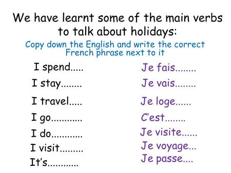 We have learnt some of the main verbs to talk about holidays: