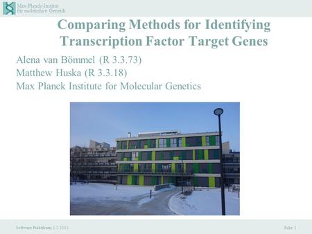 Max-Planck-Institut für molekulare Genetik Software Praktikum, 1.2.2013 Folie 1 Comparing Methods for Identifying Transcription Factor Target Genes Alena.