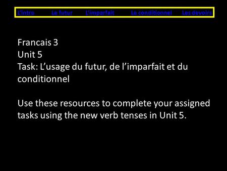 LintroLe futurLes devoirsLe conditionnelLimparfait Francais 3 Unit 5 Task: Lusage du futur, de limparfait et du conditionnel Use these resources to complete.
