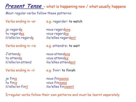 Present Tense - what is happening now / what usually happens