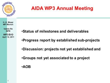 H.-G. Moser MPI Munich Valerio Re INFN AIDA WP3 Annual Meeting 1 WP3 EVO April 12, 2011 Status of milestones and deliverables Progress report by established.