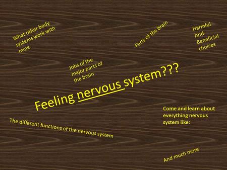 Feeling nervous system??? Come and learn about everything nervous system like: What other body systems work with mine Parts of the brain Jobs of the major.
