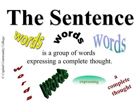 © Capital Community College The Sentence is a group of words expressing a complete thought. expressing a complete thought.