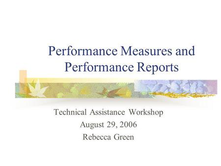 Performance Measures and Performance Reports Technical Assistance Workshop August 29, 2006 Rebecca Green.