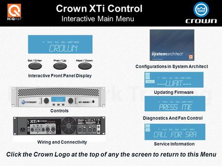 Crown XTi Control Click the Crown Logo at the top of any the screen to return to this Menu Interactive Main Menu Interactive Front Panel Display Updating.