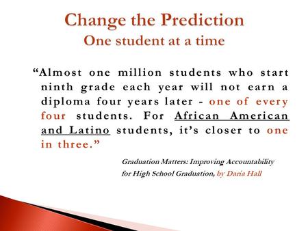 Almost one million students who start ninth grade each year will not earn a diploma four years later - one of every four students. For African American.