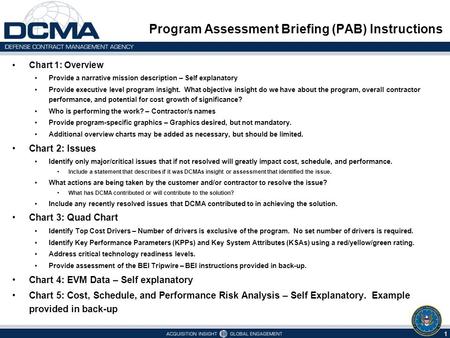 Program Assessment Briefing (PAB) Instructions Chart 1: Overview Provide a narrative mission description – Self explanatory Provide executive level program.