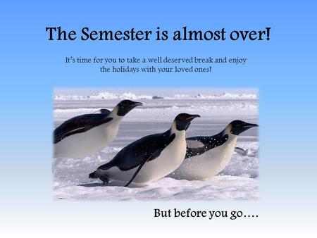 The Semester is almost over! Its time for you to take a well deserved break and enjoy the holidays with your loved ones! But before you go….
