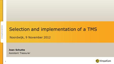 1 © VimpelCom Ltd 2012 Selection and implementation of a TMS Noordwijk, 9 November 2012 Joan Schutte Assistant Treasurer.