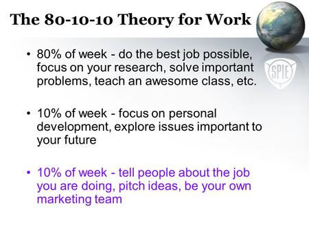 The 80-10-10 Theory for Work 80% of week - do the best job possible, focus on your research, solve important problems, teach an awesome class, etc. 10%