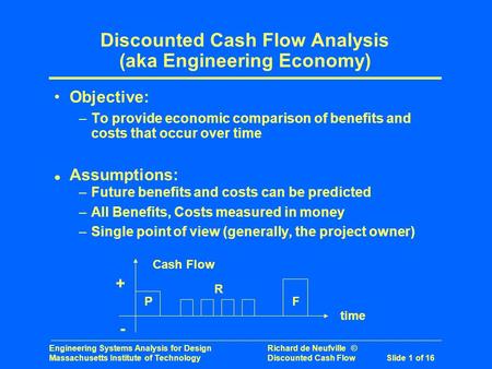 Engineering Systems Analysis for Design Richard de Neufville © Massachusetts Institute of Technology Discounted Cash Flow Slide 1 of 16 Discounted Cash.