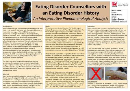 Eating Disorder Counsellors with an Eating Disorder History An Interpretative Phenomenological Analysis Nicola Rance (UWE) Naomi Moller (UWE) Barbara Douglas.