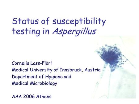 Status of susceptibility testing in Aspergillus Cornelia Lass-Flörl Medical University of Innsbruck, Austria Department of Hygiene and Medical Microbiology.