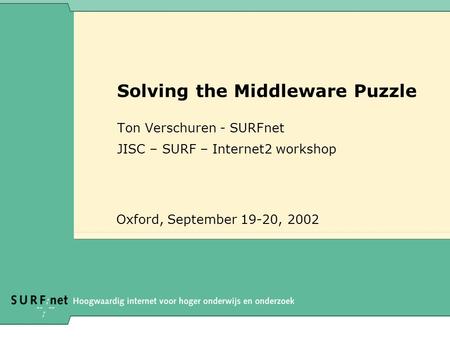 Solving the Middleware Puzzle Ton Verschuren - SURFnet JISC – SURF – Internet2 workshop Oxford, September 19-20, 2002.