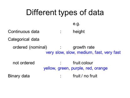 Different types of data e.g. Continuous data:height Categorical data ordered (nominal):growth rate very slow, slow, medium, fast, very fast not ordered:fruit.