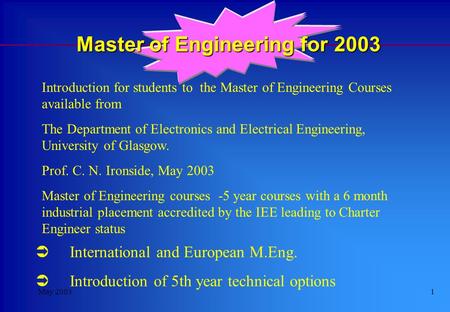 May 20031 International and European M.Eng. Introduction of 5th year technical options Master of Engineering for 2003 Introduction for students to the.