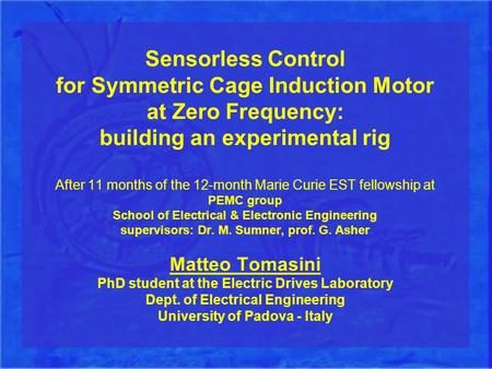 Sensorless Control for Symmetric Cage Induction Motor at Zero Frequency: building an experimental rig After 11 months of the 12-month Marie Curie EST fellowship.