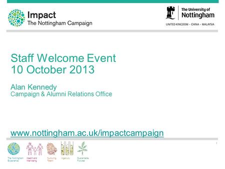 The Nottingham Experience Health and Well-being Nurturing Talent IngenuitySustainable Futures Staff Welcome Event 10 October 2013 Alan Kennedy Campaign.