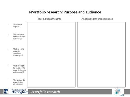 EPortfolio research ePortfolio research: Purpose and audience What is the purpose? Who must the research inform (audience)? What specific research questions.