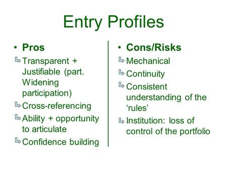 Entry Profiles Pros Transparent + Justifiable (part. Widening participation) Cross-referencing Ability + opportunity to articulate Confidence building.