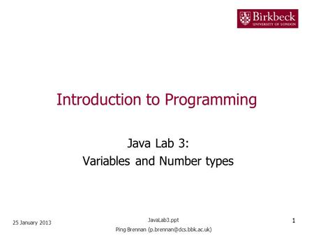 Introduction to Programming Java Lab 3: Variables and Number types 25 January 2013 1 JavaLab3.ppt Ping Brennan
