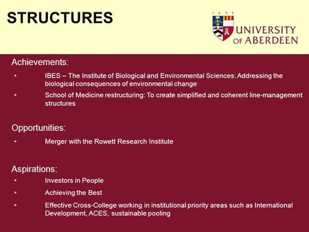 STRUCTURES Achievements: IBES – The Institute of Biological and Environmental Sciences: Addressing the biological consequences of environmental change.
