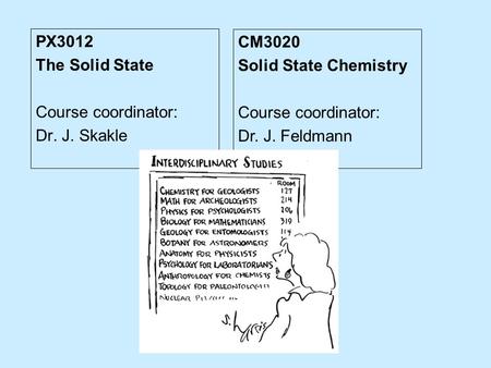 PX3012 The Solid State Course coordinator: Dr. J. Skakle CM3020 Solid State Chemistry Course coordinator: Dr. J. Feldmann.