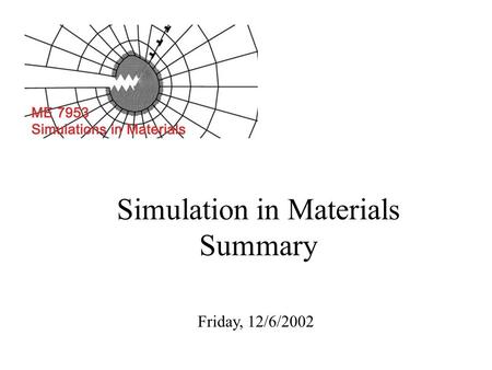Simulation in Materials Summary Friday, 12/6/2002.