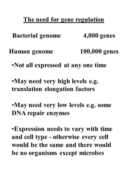 The need for gene regulation Bacterial genome4,000 genes Human genome100,000 genes Not all expressed at any one time May need very high levels e.g. translation.
