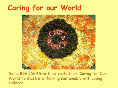 Caring for our World Some BIG IDEAS with extracts from Caring for Our World to illustrate thinking sustainably with young children.