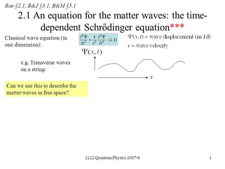 Rae §2.1, B&J §3.1, B&M §5.1 2.1 An equation for the matter waves: the time-dependent Schrődinger equation*** Classical wave equation (in one dimension):