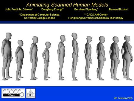 4th February 2003 Animating Scanned Human Models João Fradinho Oliveira* Animating Scanned Human Models Dongliang Zhang** Bernard Buxton* Bernhard Spanlang*