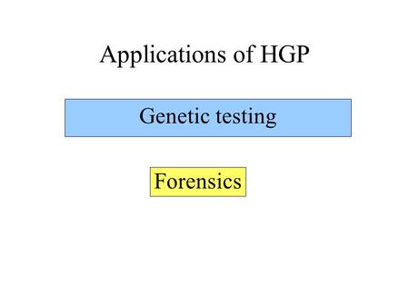 Applications of HGP Genetic testing Forensics. Testing for a pathogenic mutation in a certain gene in an individual that indicate a persons risk of developing.