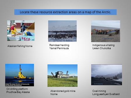Locate these resource extraction areas on a map of the Arctic. Alaskan fishing Nome Reindeer herding Yamal Peninsula Indigenous whaling Uelen Chukotka.
