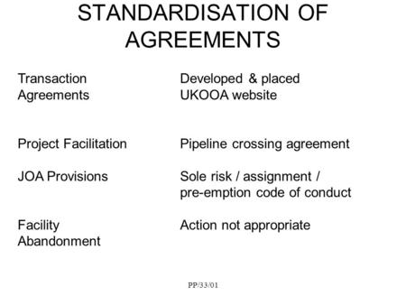 PP/33/01 STANDARDISATION OF AGREEMENTS Transaction Developed & placed AgreementsUKOOA website Project FacilitationPipeline crossing agreement JOA Provisions.