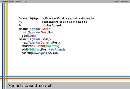 Simply Logical – Chapter 5© Peter Flach, 2000 Agenda-based search % search(Agenda,Goal) 
