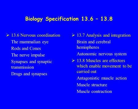 Biology Specification 13.6 – 13.8 13.6 Nervous coordination The mammalian eye Rods and Cones The nerve impulse Synapses and synaptic transmission Drugs.