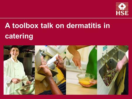 A toolbox talk on dermatitis in catering. Dermatitis is inflamed sore skin caused by repeated wetting of the skin... or by substances such as detergents,