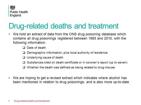 Drug-related deaths and treatment We hold an extract of data from the ONS drug poisoning database which contains all drug poisonings registered between.
