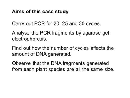 Carry out PCR for 20, 25 and 30 cycles. Analyse the PCR fragments by agarose gel electrophoresis. Find out how the number of cycles affects the amount.