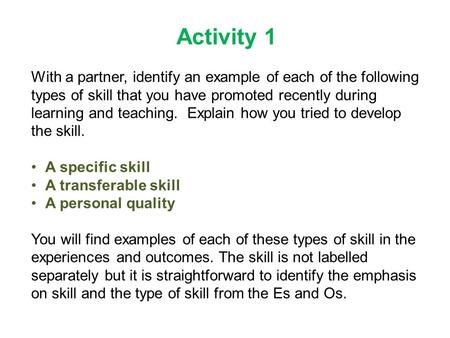 Activity 1 With a partner, identify an example of each of the following types of skill that you have promoted recently during learning and teaching. Explain.