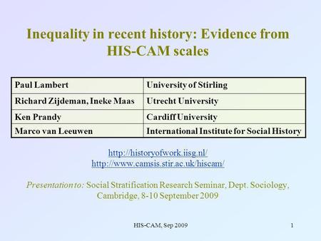 HIS-CAM, Sep 20091 Inequality in recent history: Evidence from HIS-CAM scales   Presentation.