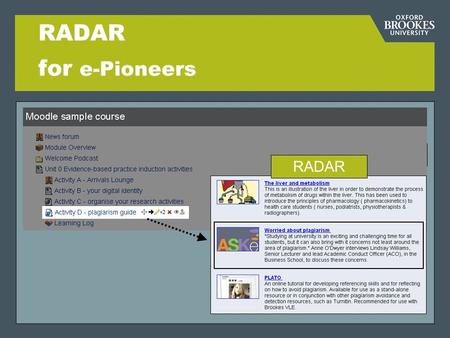 RADAR for e-Pioneers RADAR. Directorate of Learning Resources What is RADAR? R esearch A rchive D igital A sset R epository Institutional repository for.