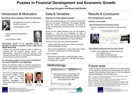 Puzzles in Financial Development and Economic Growth by Gianluigi Giorgioni and Binam Raj Ghimire Banks Development and Economic Growth Negative & significant.