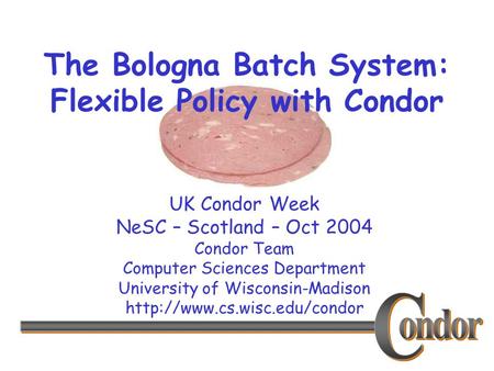 UK Condor Week NeSC – Scotland – Oct 2004 Condor Team Computer Sciences Department University of Wisconsin-Madison  The Bologna.
