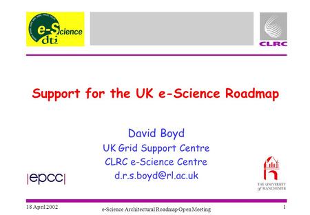 18 April 2002 e-Science Architectural Roadmap Open Meeting 1 Support for the UK e-Science Roadmap David Boyd UK Grid Support Centre CLRC e-Science Centre.