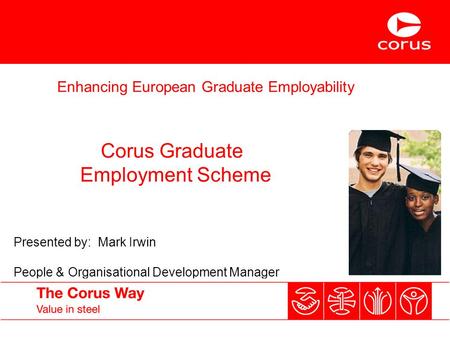 Enhancing European Graduate Employability Corus Graduate Employment Scheme Presented by: Mark Irwin People & Organisational Development Manager.