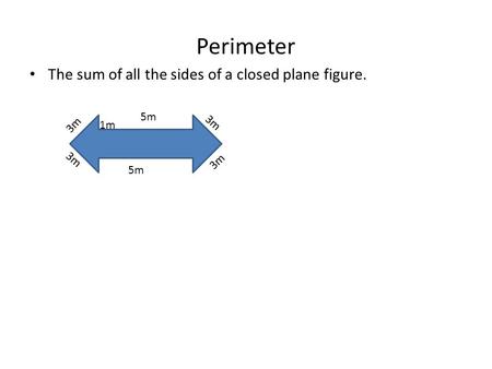Perimeter The sum of all the sides of a closed plane figure. 5m 3m 1m.