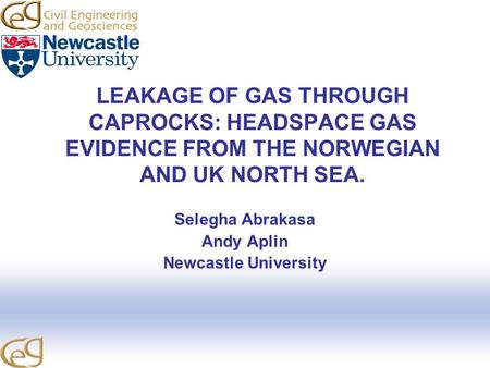 LEAKAGE OF GAS THROUGH CAPROCKS: HEADSPACE GAS EVIDENCE FROM THE NORWEGIAN AND UK NORTH SEA. Selegha Abrakasa Andy Aplin Newcastle University.